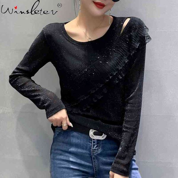 women's t-shirt fall winter european clothes shiny diamond t-shirt fashion hollow out mesh ruffles women ropa mujer tees, White
women's t-shirt fall winter european clothes shiny diamond t-shirt fashion hollow out mesh ruffles women ropa mujer tees, White