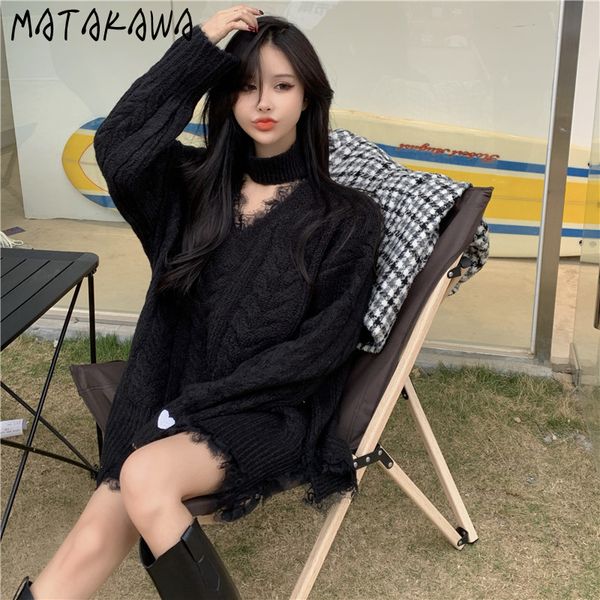 matakawa sweater women's lace stitching thickened v-neck black loose outer knit sweater spring pullovers halter 210513, White;black
matakawa sweater women's lace stitching thickened v-neck black loose outer knit sweater spring pullovers halter 210513, White;black