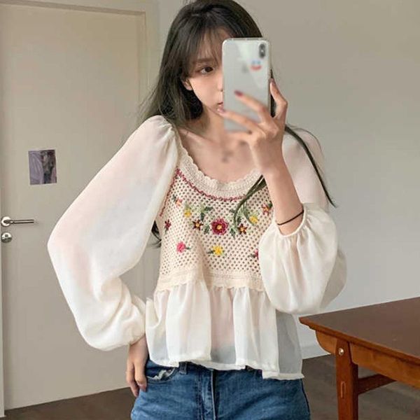 women's blouses & shirts summer floral sweet women hollow crochet long sleeve chiffon stitching lace shirt, White
women's blouses & shirts summer floral sweet women hollow crochet long sleeve chiffon stitching lace shirt, White