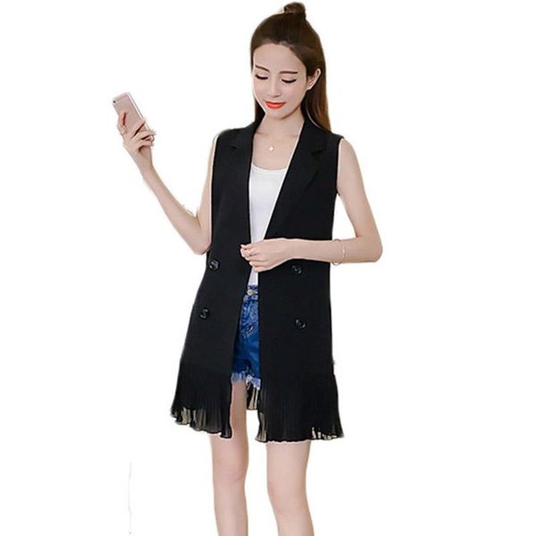 women's vests korean women chiffon ruffles summer vest jacket double breasted long wasitcoat elegant sleeveless office ladies suit coat, Black;white
women's vests korean women chiffon ruffles summer vest jacket double breasted long wasitcoat elegant sleeveless office ladies suit coat, Black;white