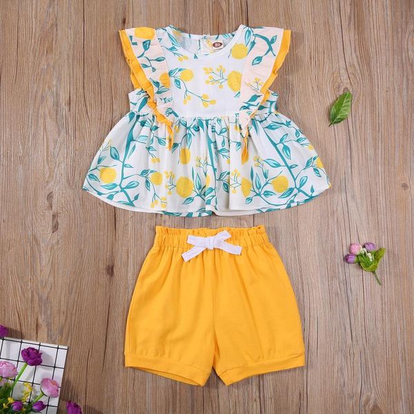 summer girls casual two-piece clothes set round collar sleeveless lemon printed pattern and lace-up solid color shorts clothing sets, White
summer girls casual two-piece clothes set round collar sleeveless lemon printed pattern and lace-up solid color shorts clothing sets, White