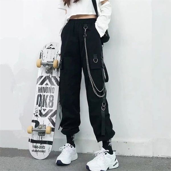 women cargo pants harem fashion punk pockets jogger trousers with chain harajuku elastics high waist streetwear 211216, Black;white
women cargo pants harem fashion punk pockets jogger trousers with chain harajuku elastics high waist streetwear 211216, Black;white