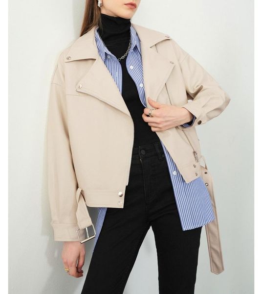 women's leather & faux autumn woman soft jackets fashion solid color belt outwear ladies lapel motorcycle streetwear casual coat, Black
women's leather & faux autumn woman soft jackets fashion solid color belt outwear ladies lapel motorcycle streetwear casual coat, Black