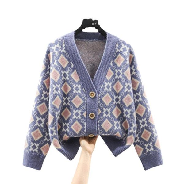 women's knits & tees autumn winter women cardigan 2021 vintage argyle print button long sleeve loose sweater female knit jacket coat, White
women's knits & tees autumn winter women cardigan 2021 vintage argyle print button long sleeve loose sweater female knit jacket coat, White