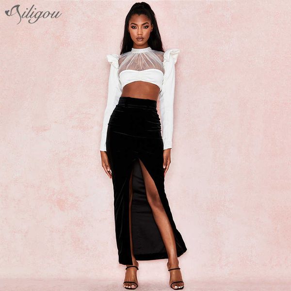 women's 2 piece two-piece white long sleeve o-neck mesh beaded & black velvet split skirt party set 210527
women's 2 piece two-piece white long sleeve o-neck mesh beaded & black velvet split skirt party set 210527