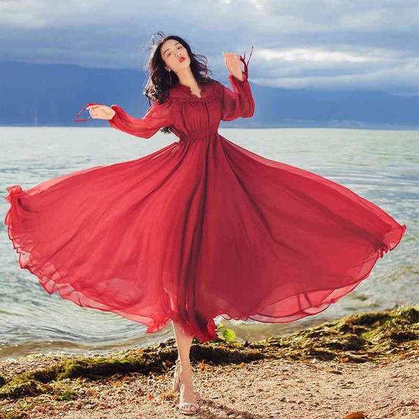 dress 2021 vintage red chiffon boho maxi summer beach elegant of women manga long party line, Black;gray
dress 2021 vintage red chiffon boho maxi summer beach elegant of women manga long party line, Black;gray