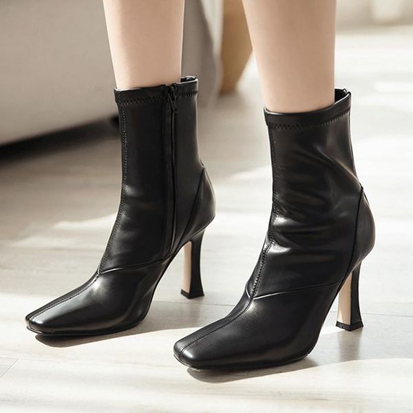 fashion women genuine leather boots square toe ankle thin high heel solid female short shoes, Black
fashion women genuine leather boots square toe ankle thin high heel solid female short shoes, Black
