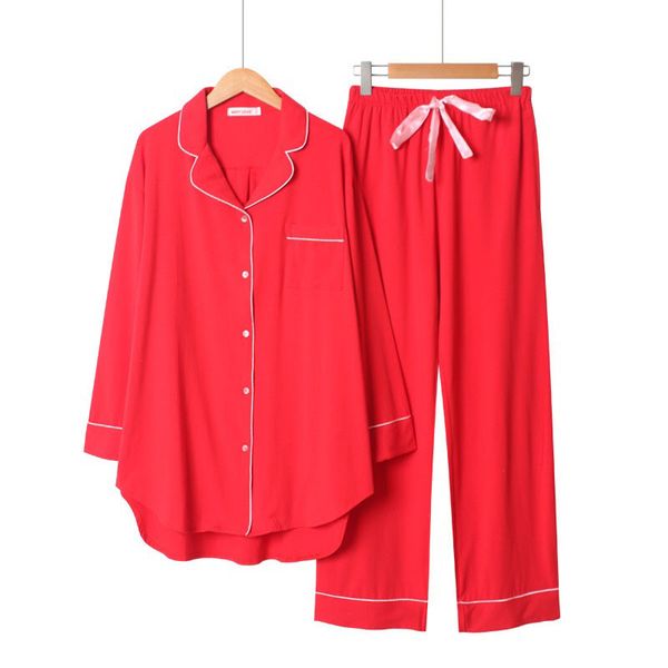 2021 spring and autumn new women solid color simple style pajamas set ladies comfort cotton large size loose homewear for femme, Black;red
2021 spring and autumn new women solid color simple style pajamas set ladies comfort cotton large size loose homewear for femme, Black;red