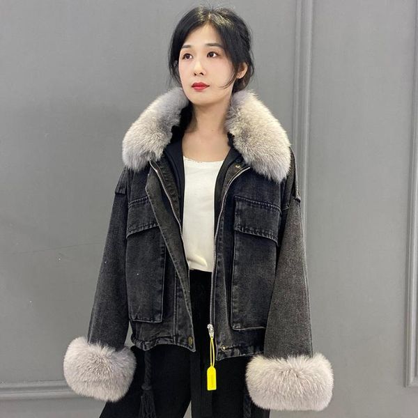 women's fur & faux women nature jacket collar and cuffs 2021 trendy cropped parka outwear, Black
women's fur & faux women nature jacket collar and cuffs 2021 trendy cropped parka outwear, Black