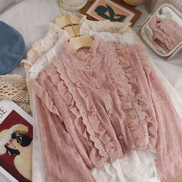 women's blouses & shirts sweet lace ruffles long lantern sleeved chiffon pink black ivory q91b, White
women's blouses & shirts sweet lace ruffles long lantern sleeved chiffon pink black ivory q91b, White