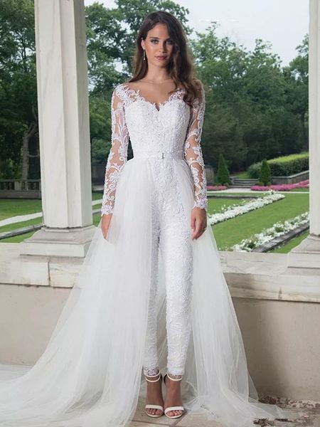 long sleeve jumpsuits wedding dresses bridal gowns with detachable skirts 2022 lace appliques pants suit long train vestidos open back boho, White
long sleeve jumpsuits wedding dresses bridal gowns with detachable skirts 2022 lace appliques pants suit long train vestidos open back boho, White