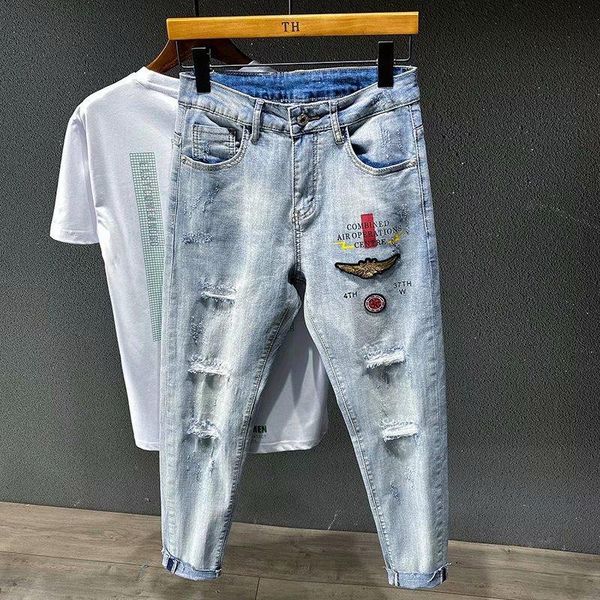 men's jeans 2021 autumn winter embroidery denim rusty feet slim stretch brand trousers ripped hole clothing pencil pants, Blue
men's jeans 2021 autumn winter embroidery denim rusty feet slim stretch brand trousers ripped hole clothing pencil pants, Blue