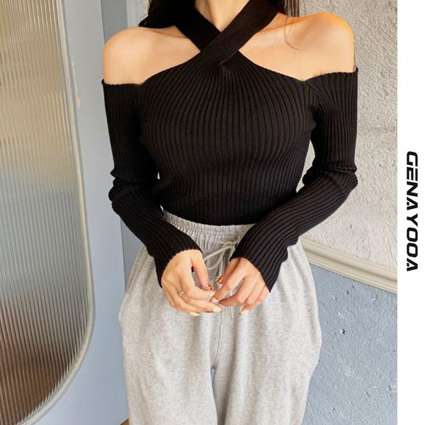 genayooa halter cross off shoulder sweater spring autumn slim knitted pullover ladies jumpers korean style chic 210417, White;black
genayooa halter cross off shoulder sweater spring autumn slim knitted pullover ladies jumpers korean style chic 210417, White;black
