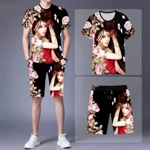 men's tracksuits summer short-sleeved 3d printed t-shirt trend chinese style + shorts 2-piece casual short suit, Gray 
men's tracksuits summer short-sleeved 3d printed t-shirt trend chinese style + shorts 2-piece casual short suit, Gray