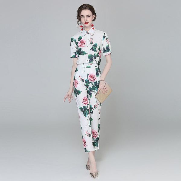 women's tracksuits jsxdhk runway summer 2 piece pants set fashion women rose flower print white shirt + high waist holiday pencil suit, Gray
women's tracksuits jsxdhk runway summer 2 piece pants set fashion women rose flower print white shirt + high waist holiday pencil suit, Gray
