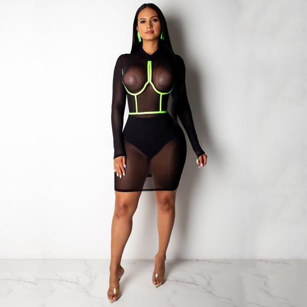 women o-neck long sleeve mesh see through mini dress summer female solid fluorescent striped night club bodycon dresses casual, Black;gray
women o-neck long sleeve mesh see through mini dress summer female solid fluorescent striped night club bodycon dresses casual, Black;gray