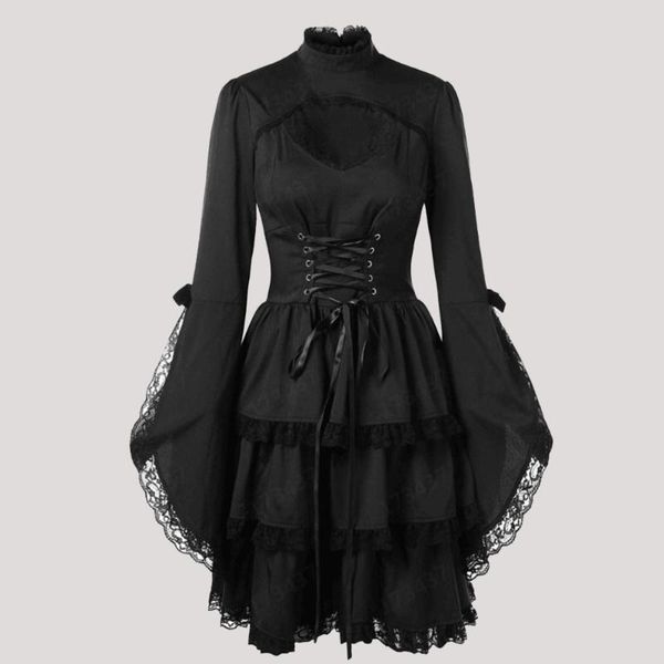 casual dresses autumn 2021 gothic solid color bandage hollow out lace splicing fashion high waist flared sleeves dress half collar, Black;gray
casual dresses autumn 2021 gothic solid color bandage hollow out lace splicing fashion high waist flared sleeves dress half collar, Black;gray