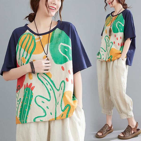 women's t-shirt summer women cotton short-sleeved vintage abstract art printing stitching casual loose large size female pullover, White
women's t-shirt summer women cotton short-sleeved vintage abstract art printing stitching casual loose large size female pullover, White