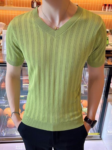 men's t-shirts summer 2022 solid knitted t shirt men clothing fashion short sleeve v-neck slim fit casual tee homme streetwear a94, White;black