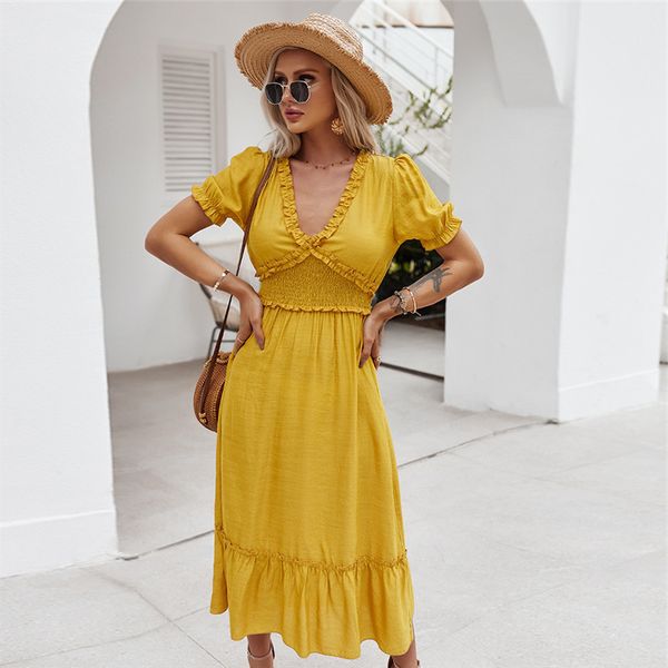 2021 new spring summer ruffles women casual high waist solid color knee length dress ladies slim yellow, Black;gray
2021 new spring summer ruffles women casual high waist solid color knee length dress ladies slim yellow, Black;gray