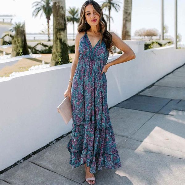 casual dresses 2021 summer boho maxi dress women floral print backless spaghetti strap ladies sleeveless elegant party robes femme, Black;gray 
casual dresses 2021 summer boho maxi dress women floral print backless spaghetti strap ladies sleeveless elegant party robes femme, Black;gray