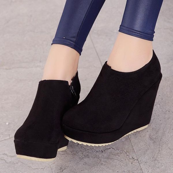 boots slope heel woman 43 41 42 shoes waterproof platform bottom zipper, Black