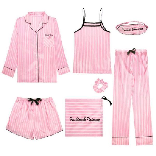 7 Women Sleepwear Pieces Pajama Set Lady Bedgown Pink Striped Faux Silk Homewear Bell Floral Printed Comfort Soft Female Summer, Black;red