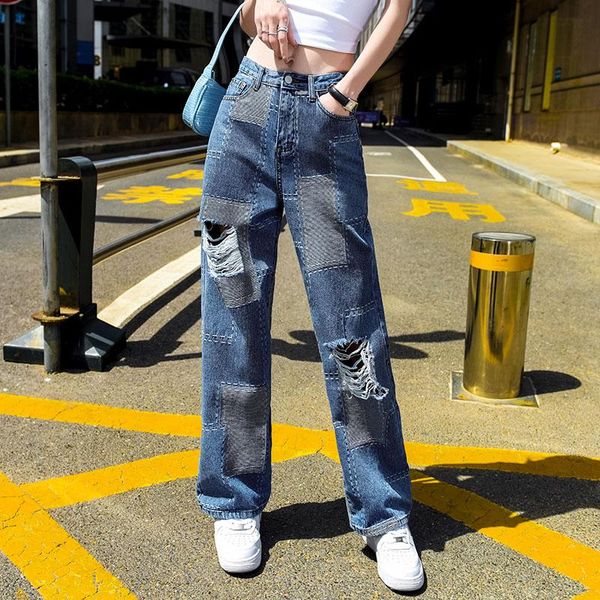 women's jeans jacquard ripped mom baggy high waist straight pants unique patchwork harajuku undefined trousers oversize, Blue
women's jeans jacquard ripped mom baggy high waist straight pants unique patchwork harajuku undefined trousers oversize, Blue