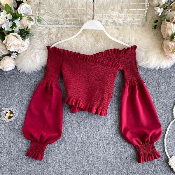 women slash neck blouse pleated lantern sleeve cross stretch slim short off-shoulder chiffon shirts female pl447 210506, White
women slash neck blouse pleated lantern sleeve cross stretch slim short off-shoulder chiffon shirts female pl447 210506, White