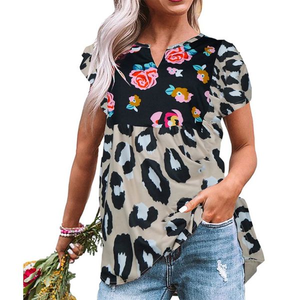 2021 casual leopard stitching digital printed floral short sleeve t-shirt women's wear, White
2021 casual leopard stitching digital printed floral short sleeve t-shirt women's wear, White