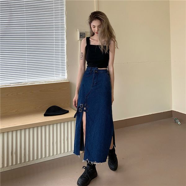 women's denim skirt female summer mid-length design sense hong kong style high waist irregular side split pl134 210506, Black
women's denim skirt female summer mid-length design sense hong kong style high waist irregular side split pl134 210506, Black