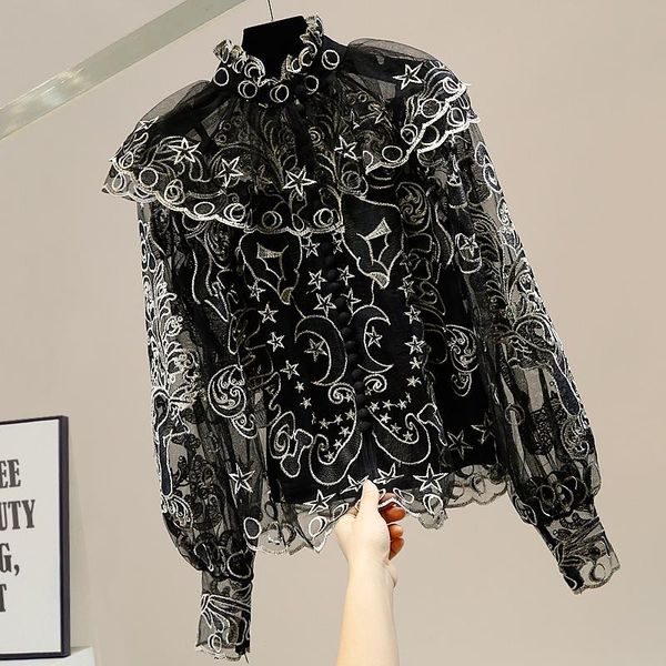 women's blouses & shirts elegant shirt fashion lady rayal court style embroidery moon stars silk buttons black grenadine women blouse, White
women's blouses & shirts elegant shirt fashion lady rayal court style embroidery moon stars silk buttons black grenadine women blouse, White