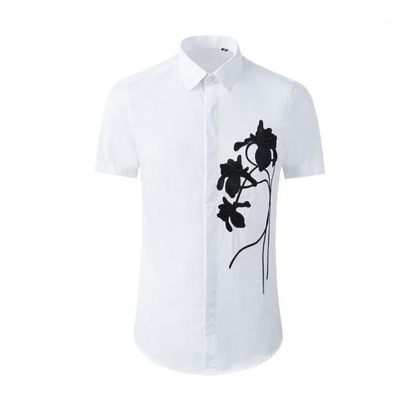 men's casual shirts white mens luxury short sleeve rose embroidery male fashion slim fit party club man 3xl, White;black