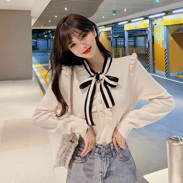 sweater women's autumn and winter bow button pullover, 2021, White;black
sweater women's autumn and winter bow button pullover, 2021, White;black