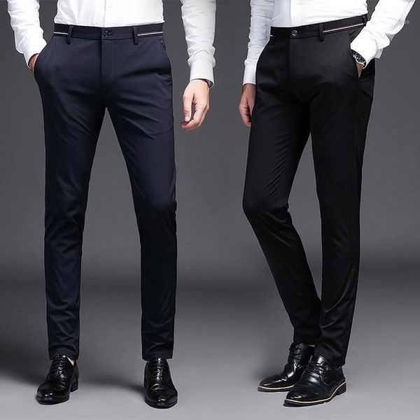 men's pants ice cool elastic business casual slim straight trousers summer, Black