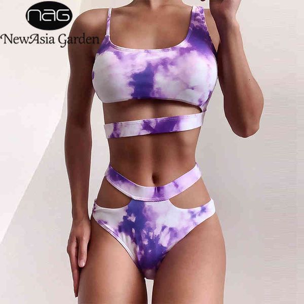 newasia hollow out bandage bikini print swimwear women push-up padded bra swimsuit triangle bathing suit beachwear 210413, White;black