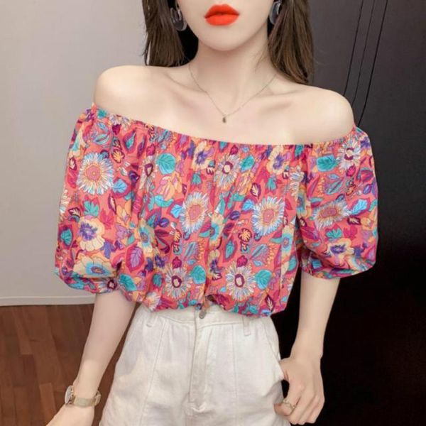 women's polos spring and summer retro design sense printed floral puff sleeves one-way neck strapless two-wear shirt women, White
women's polos spring and summer retro design sense printed floral puff sleeves one-way neck strapless two-wear shirt women, White