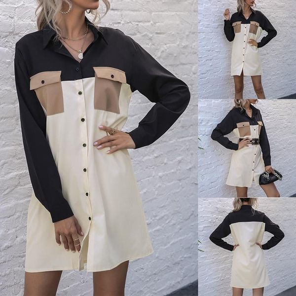 casual dresses women's contrast color fashion shirt long-sleeve pocket mid-length stitching dress, Black;gray
casual dresses women's contrast color fashion shirt long-sleeve pocket mid-length stitching dress, Black;gray