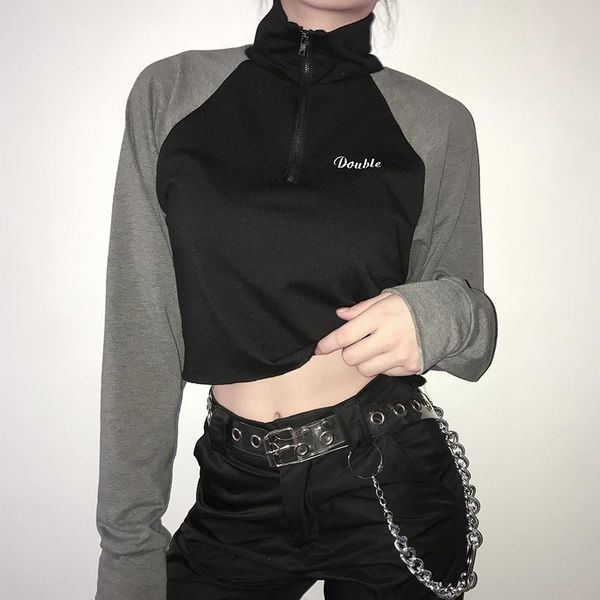 women's hoodies & sweatshirts european and american street letters stitching hit color zipper high collar short female exposed navel sl, Black
women's hoodies & sweatshirts european and american street letters stitching hit color zipper high collar short female exposed navel sl, Black