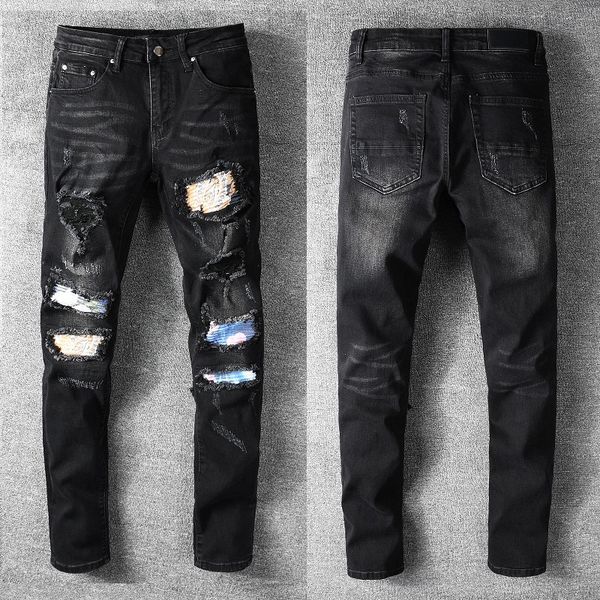 men's designer jeans patchwork leather ripped holes slim slimming black jeans men's trendy feet long pants, Blue
men's designer jeans patchwork leather ripped holes slim slimming black jeans men's trendy feet long pants, Blue