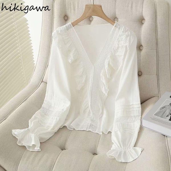 women's blouses & shirts hikigawa korean fashion v neck ruffles hollow out blusas solid basic lantern sleeve pullover straight casual, White
women's blouses & shirts hikigawa korean fashion v neck ruffles hollow out blusas solid basic lantern sleeve pullover straight casual, White