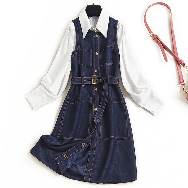 two piece dress high street female fashion spring clothes designers long white shirt and tank denim dress 2 piece suits frpo
two piece dress high street female fashion spring clothes designers long white shirt and tank denim dress 2 piece suits frpo