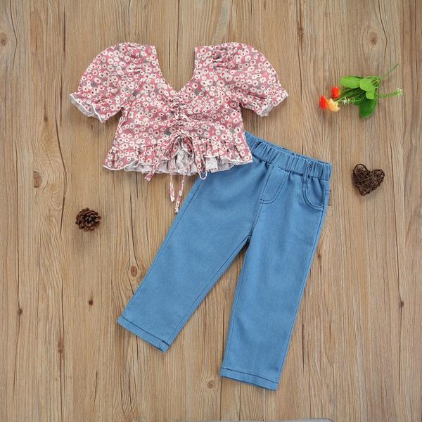 clothing sets summer kids girls 2 pieces suit set floral print drawstring v-neck short sleeve crop solid color long jeans outfit, White
clothing sets summer kids girls 2 pieces suit set floral print drawstring v-neck short sleeve crop solid color long jeans outfit, White