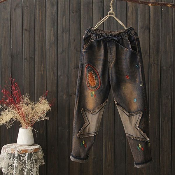 spring autumn brem pants plus size elastic loose waist denihare torn vintage embroidered jeans good quality d106, Blue
spring autumn brem pants plus size elastic loose waist denihare torn vintage embroidered jeans good quality d106, Blue