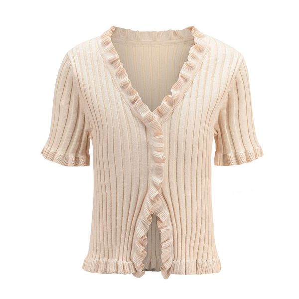 women fashion bottoming short-sleeve shirt ruffles cardigans sweaters knits tees with single breasted big elastic knitted crop, White
women fashion bottoming short-sleeve shirt ruffles cardigans sweaters knits tees with single breasted big elastic knitted crop, White