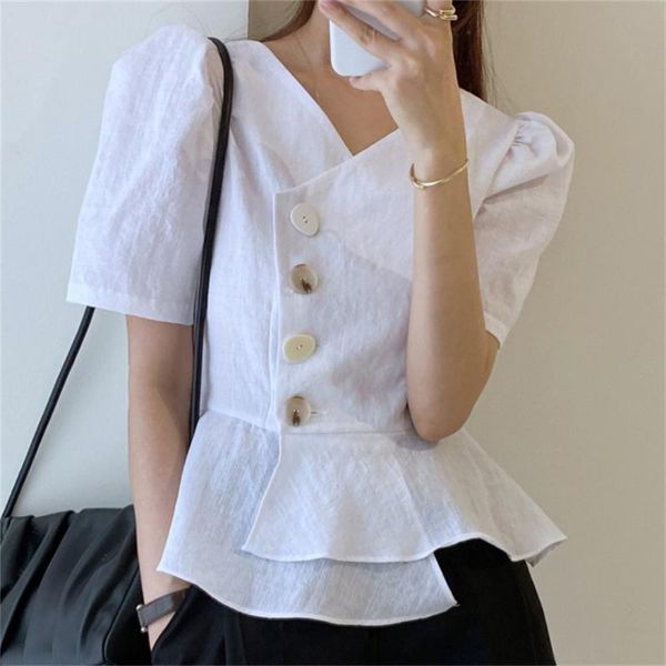 women's blouses & shirts hzirip 2021 v-neck high waist vintage all match summer retro ol stylish brief lady elegance short sleeves soli, White 
women's blouses & shirts hzirip 2021 v-neck high waist vintage all match summer retro ol stylish brief lady elegance short sleeves soli, White