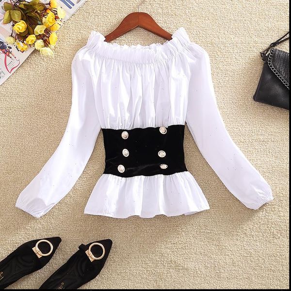 sweet short crop women shirt slash neck off shoulder patchwork elastic waist ruffles lantern sleeve japan t95291, White
sweet short crop women shirt slash neck off shoulder patchwork elastic waist ruffles lantern sleeve japan t95291, White