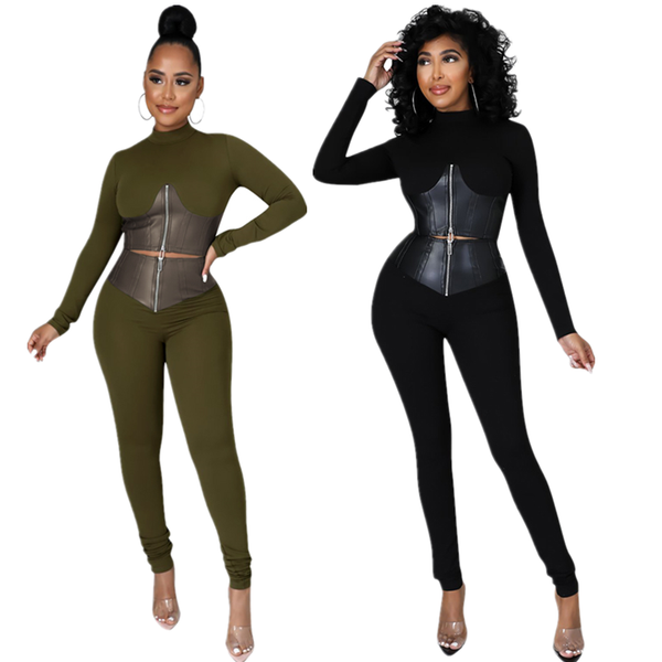 women's two piece pants autumn and winter clothing casual half-high collar zipper flocking leather stitching two-piece suit, White
women's two piece pants autumn and winter clothing casual half-high collar zipper flocking leather stitching two-piece suit, White