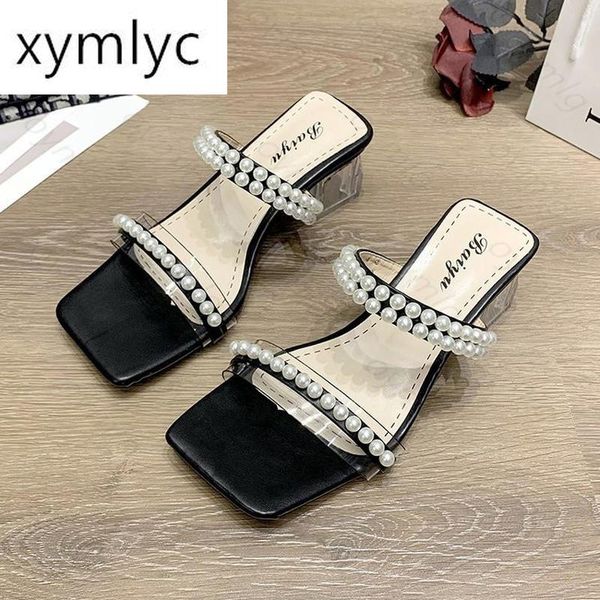 women's shoes 2021 summer thick with square toe all-match transparent high heels pearl sandals slippers, Black
women's shoes 2021 summer thick with square toe all-match transparent high heels pearl sandals slippers, Black