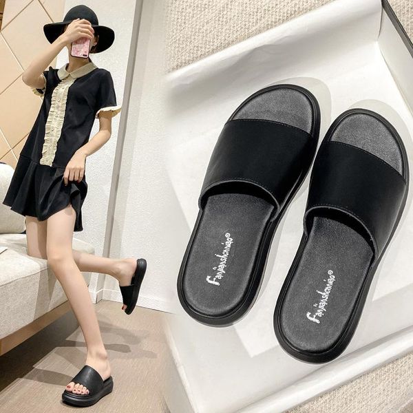 slippers leather for women's wear thick soled 2021 flat leisure antiskid summer size, Black
